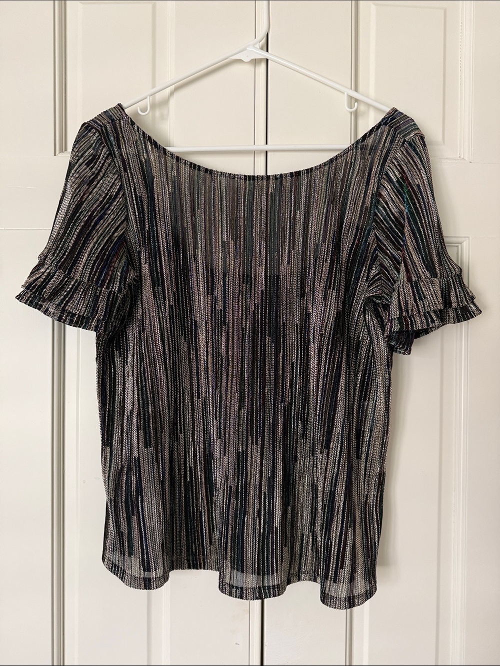 Sezane Gold and Rainbow Metallic Striped Ruffle Sleeve Blouse